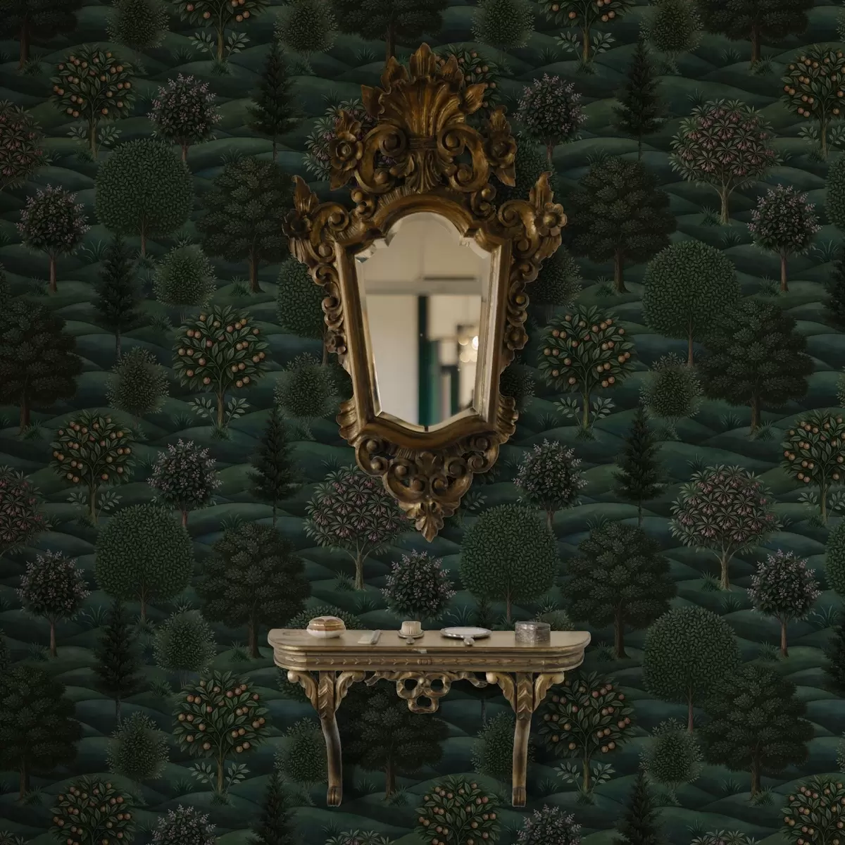 Wallpaper Peisaj verde bogat, ondulat, cu copaci dispuși în mod armonios a00892