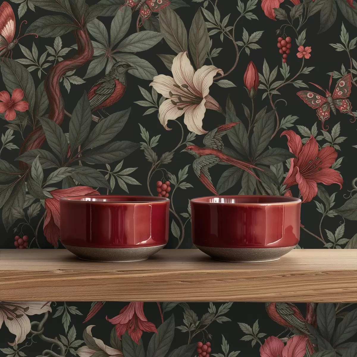 Wallpaper Flori întunecate din junglă cu păsări și fluturi a00895