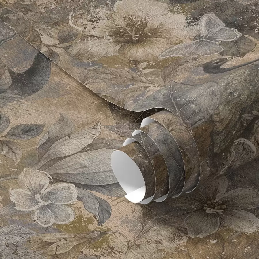 fototapet Colaj floral învechit cu păuni și fluturi a00897