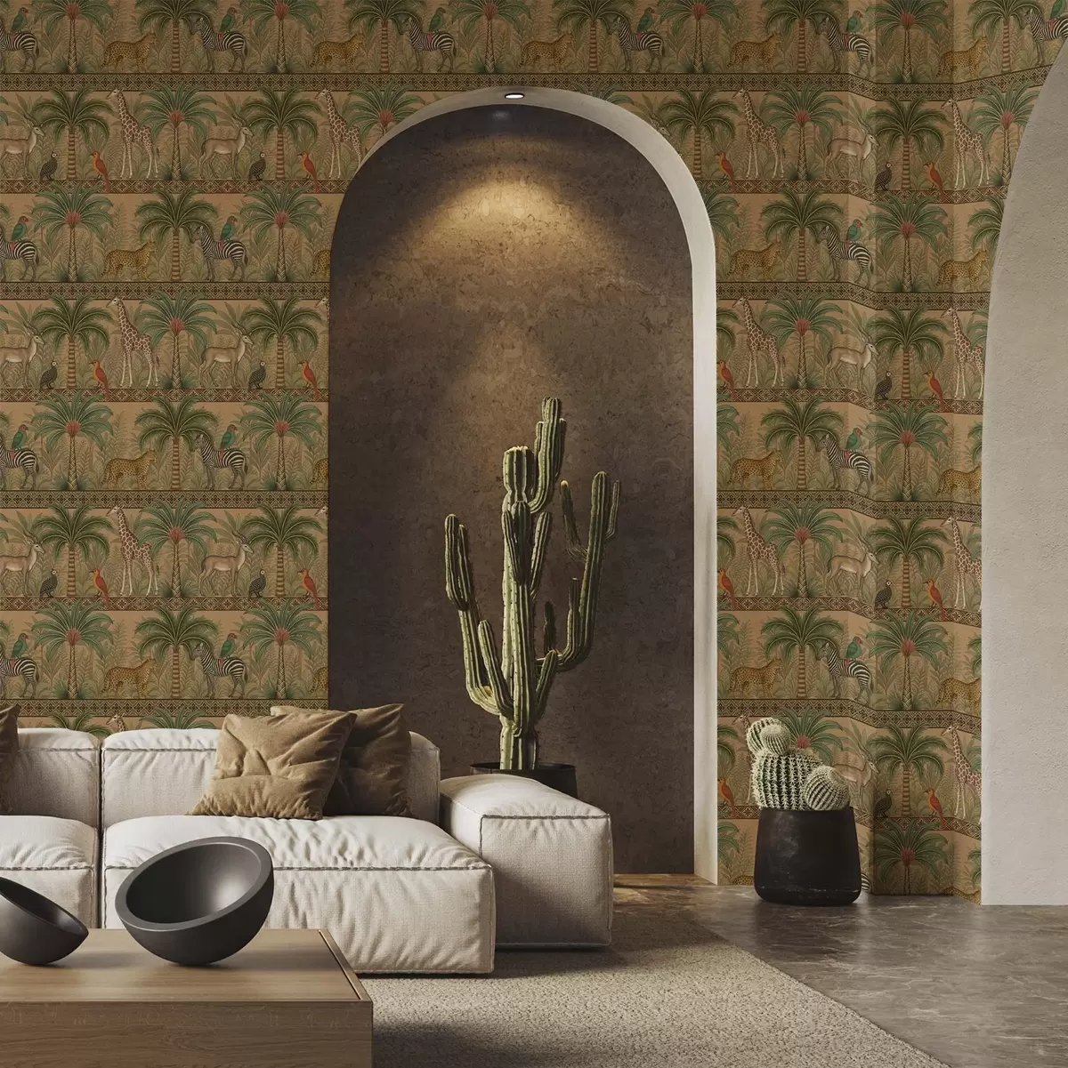 Wallpaper Animale decorative din savană între palmieri și borduri a00898