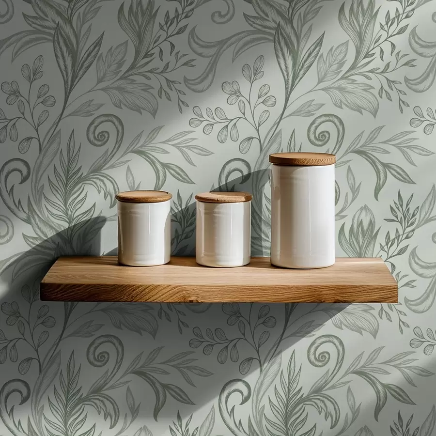 fototapet Frunze moi de mentă, ondulate, cu linii delicate de culoare gri-verde a00935v3