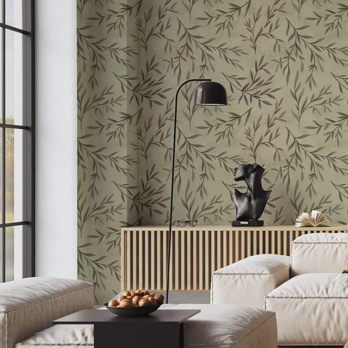 Wallpaper Ramuri de liliac și verde cu frunze pe un fundal cald a00936v4