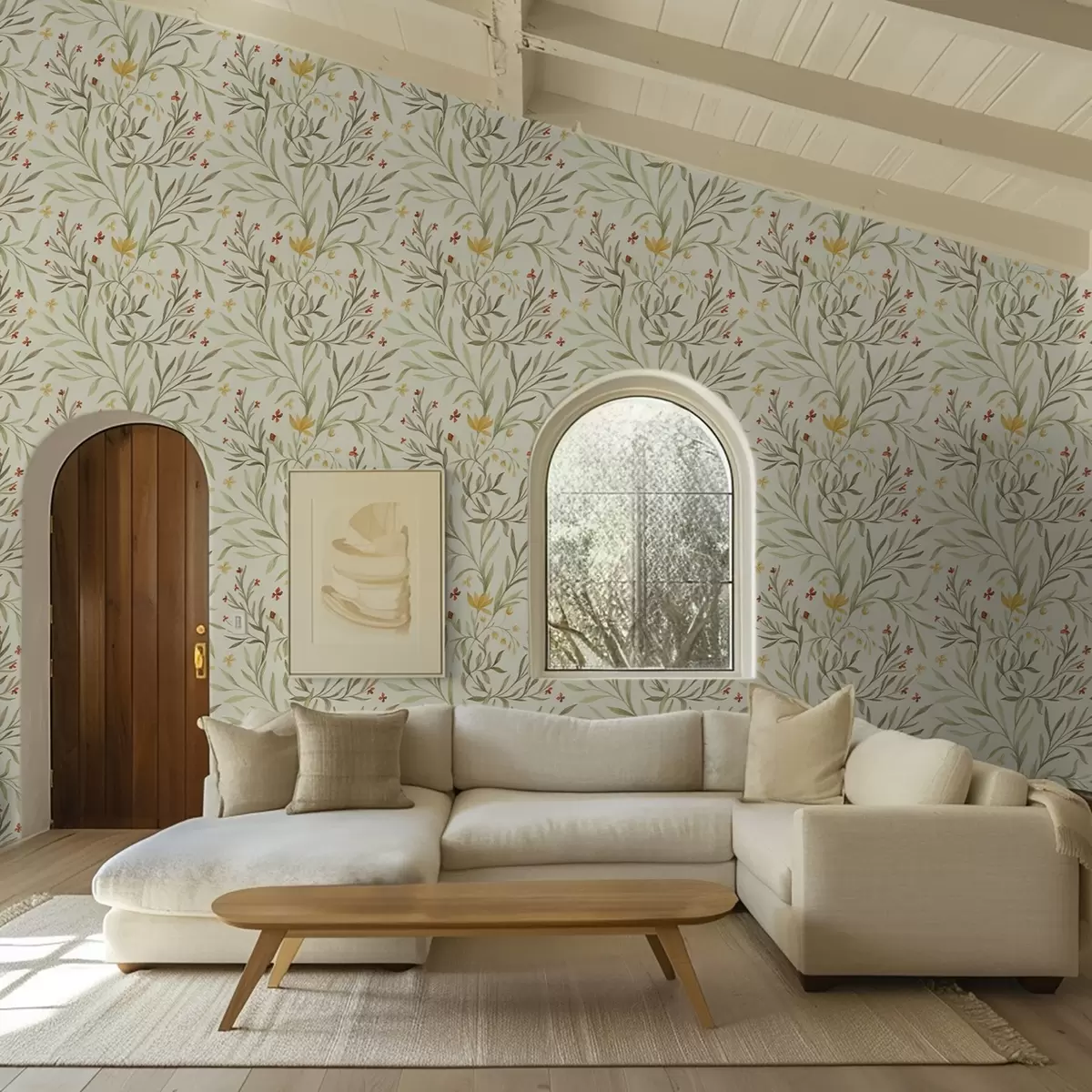 Wallpaper Flori galbene și roșii pe un fundal verde deschis a00937