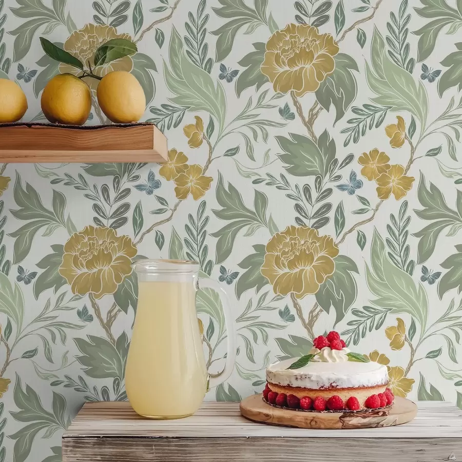 fototapet Bujori mari galbeni și verdeață pe un fundal deschis a00941