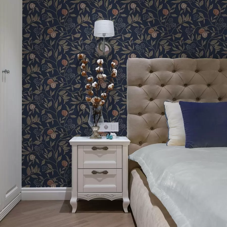 fototapet Grădină albastră cu ramuri, fructe și flori mici a00959