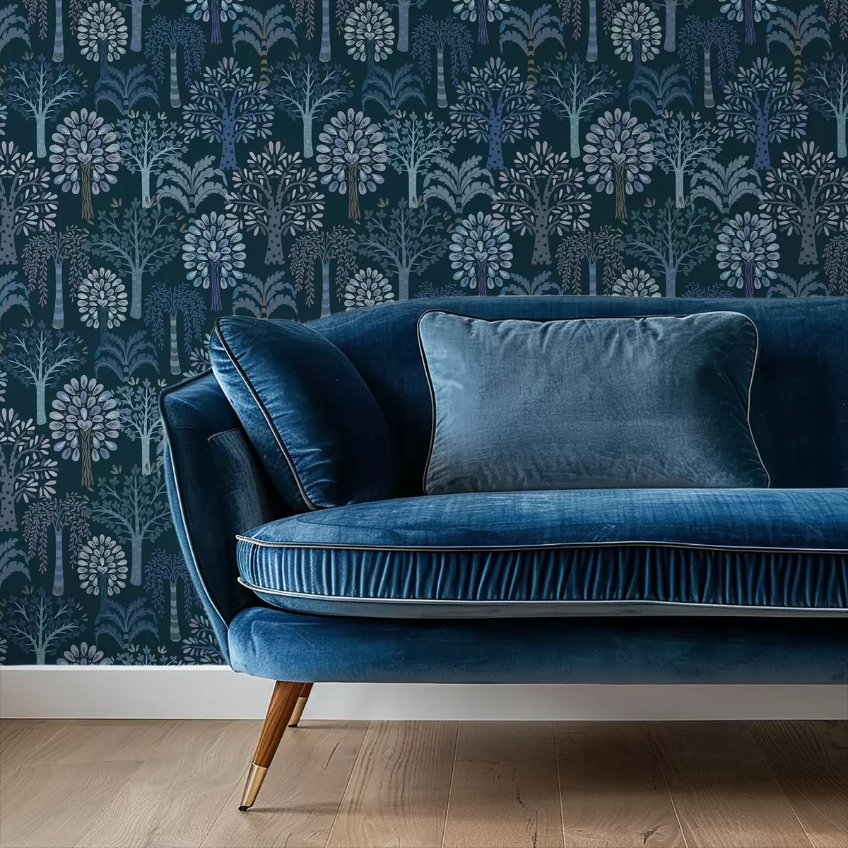 Wallpaper Pădure nocturnă cu copaci decorativi în nuanțe de albastru a00960v2