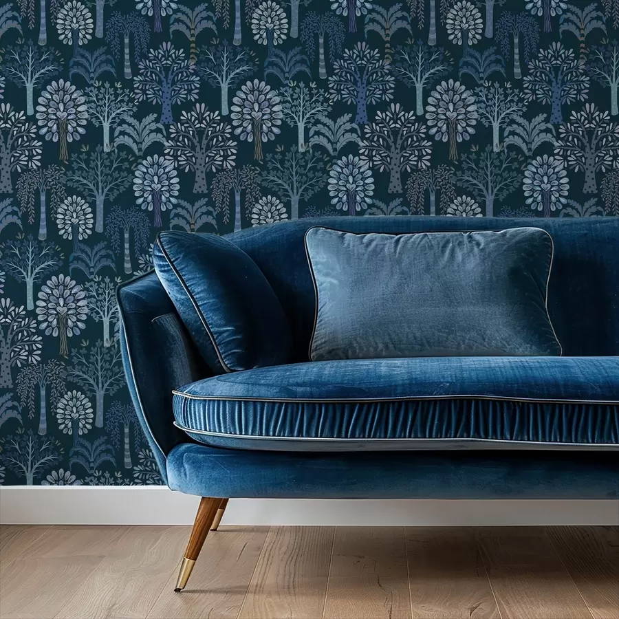 fototapet Pădure nocturnă cu copaci decorativi în nuanțe de albastru a00960v2