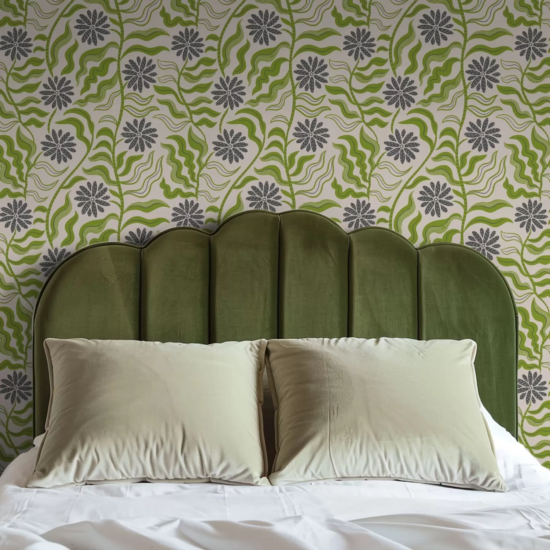 fototapet Margarete verzi jucăușe cu frunze ondulate pe un fundal crem a00998