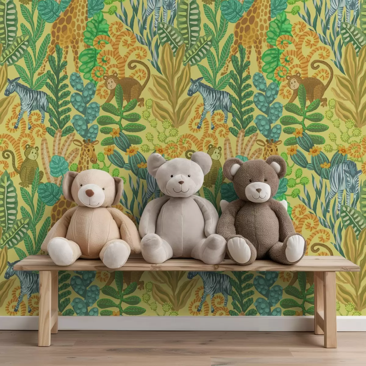 Wallpaper Girafă, zebră și maimuță într-o savană galbenă strălucitoare a01000v1