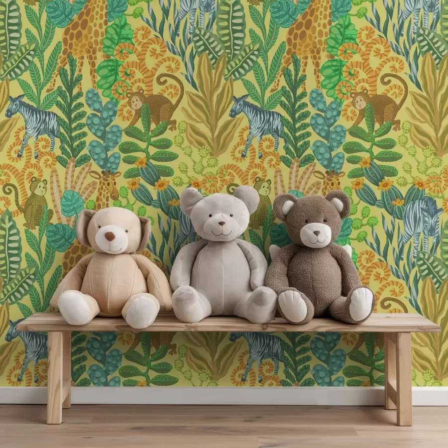 fototapet Girafă, zebră și maimuță într-o savană galbenă strălucitoare a01000v1