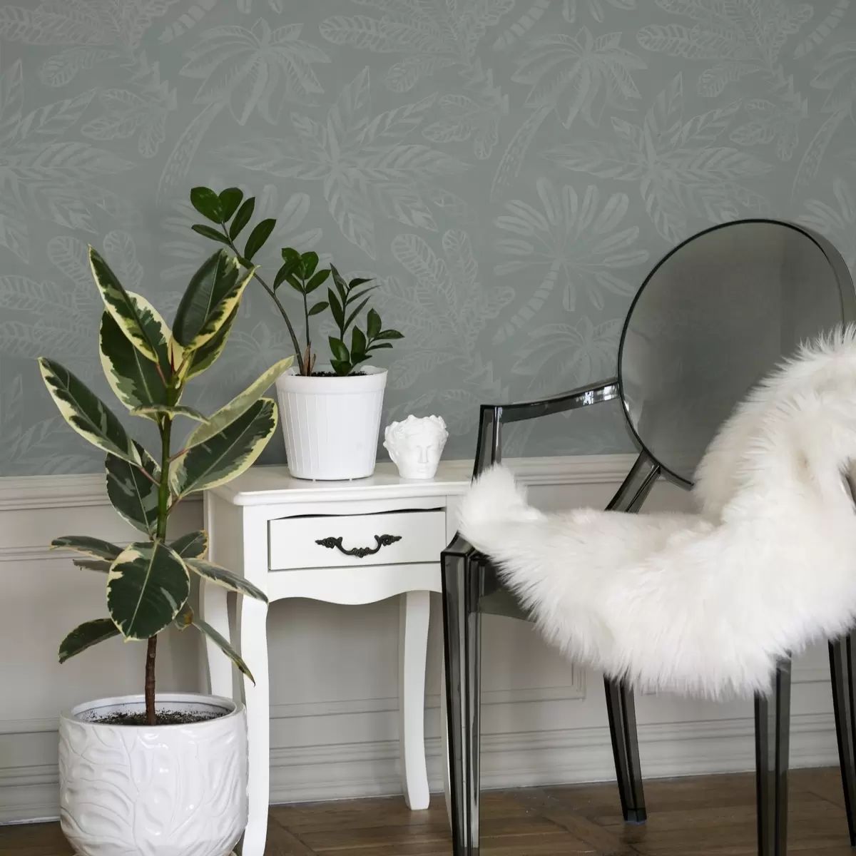 Wallpaper Frunze tropicale mari, mate, într-o paletă de culori gri-mentă a01001