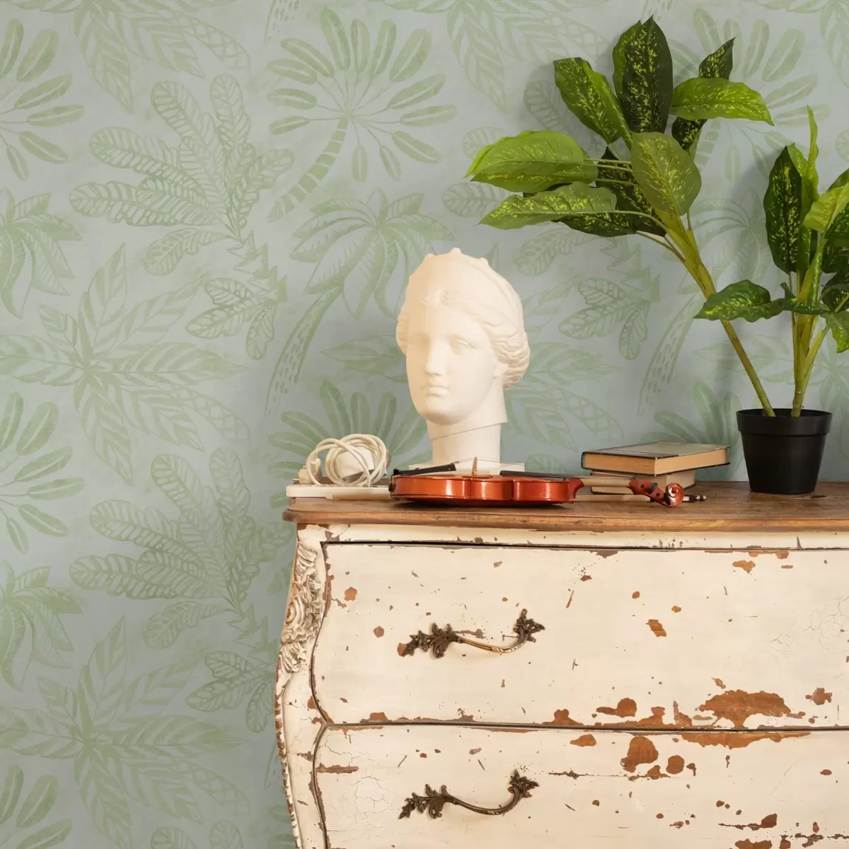 Wallpaper Frunze tropicale schițate în nuanțe proaspete de verde deschis a01001v1