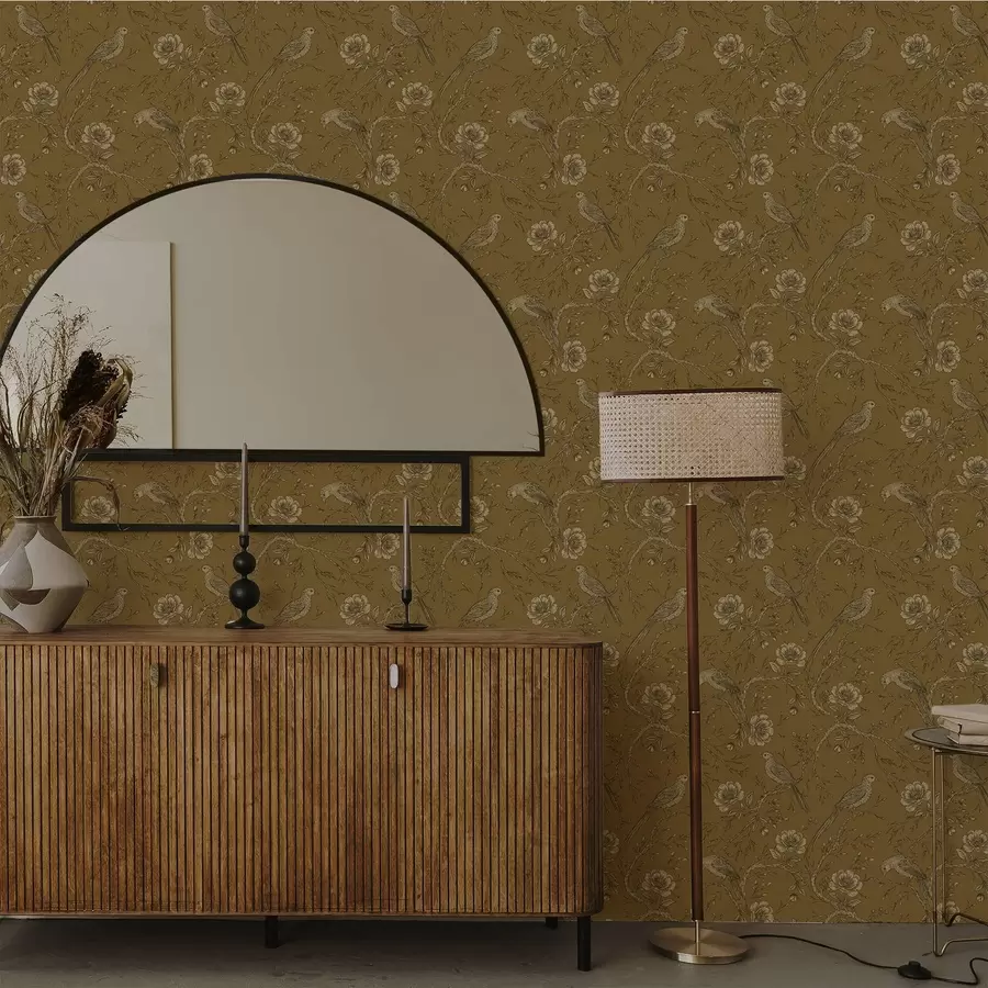 fototapet Păsări și flori vintage pe un fundal cald de culoarea măslinului a01022v1