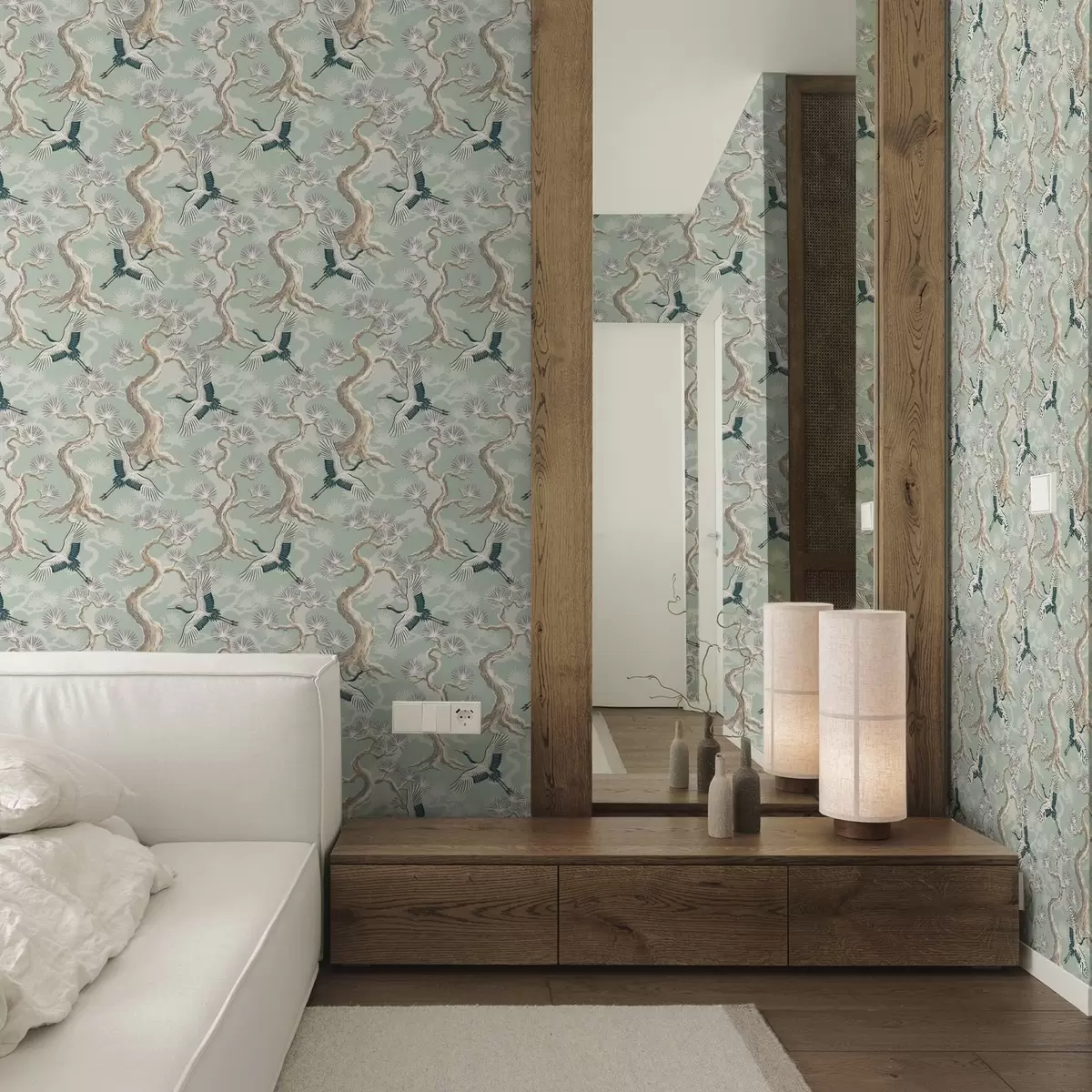 Wallpaper Cocori printre ramuri curbate pe un fundal moale, de culoarea salviei a01023