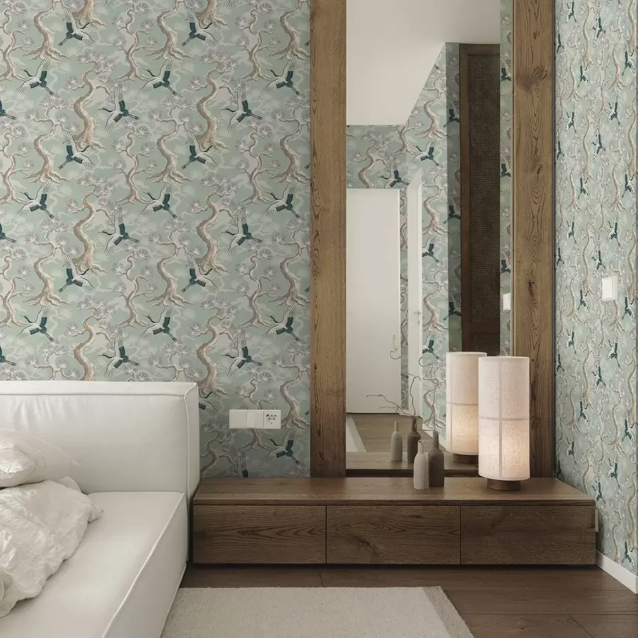 fototapet Cocori printre ramuri curbate pe un fundal moale, de culoarea salviei a01023