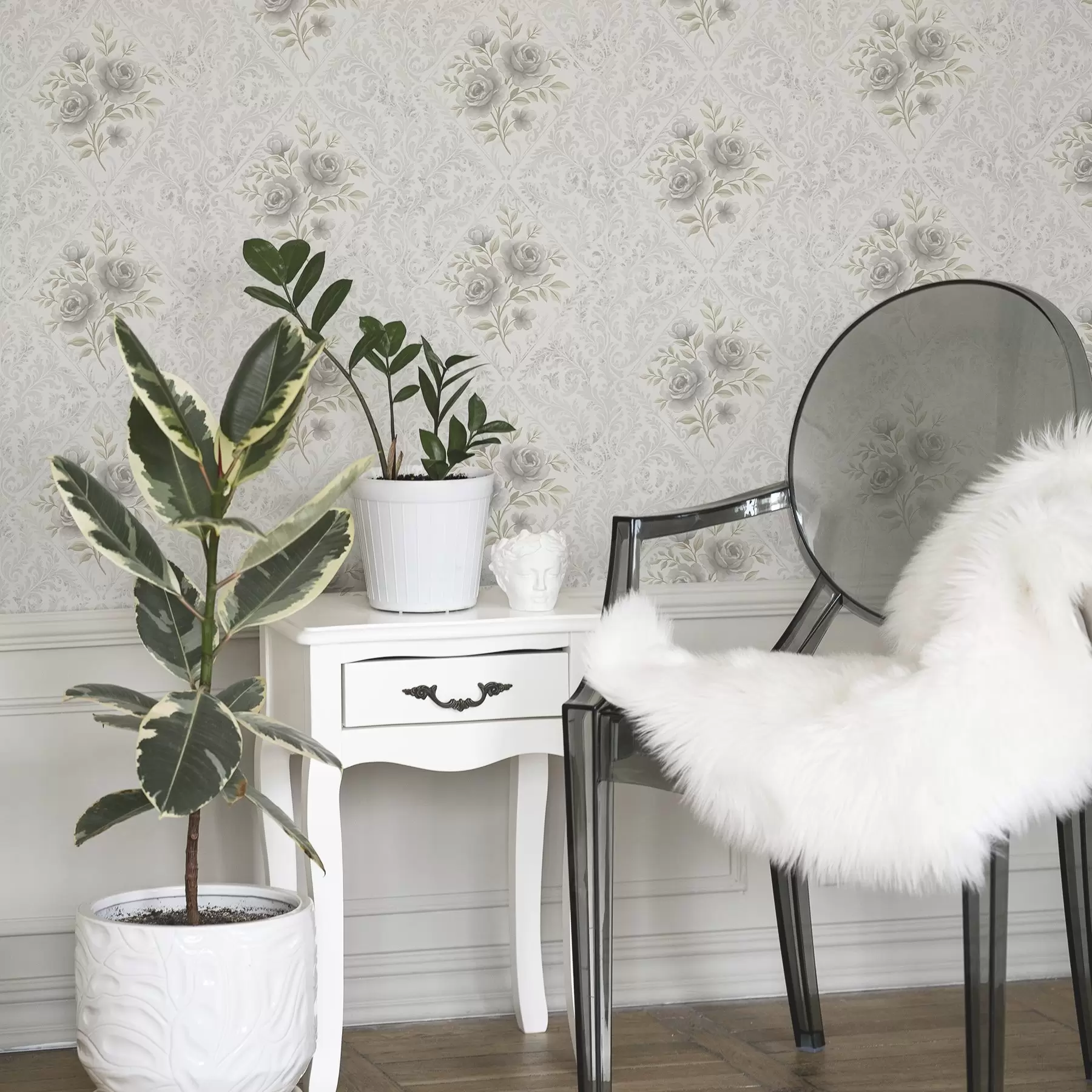 fototapet Model damasc ușor cu trandafiri gri în romburi delicate a01024