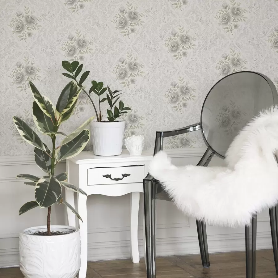 fototapet Model damasc ușor cu trandafiri gri în romburi delicate a01024