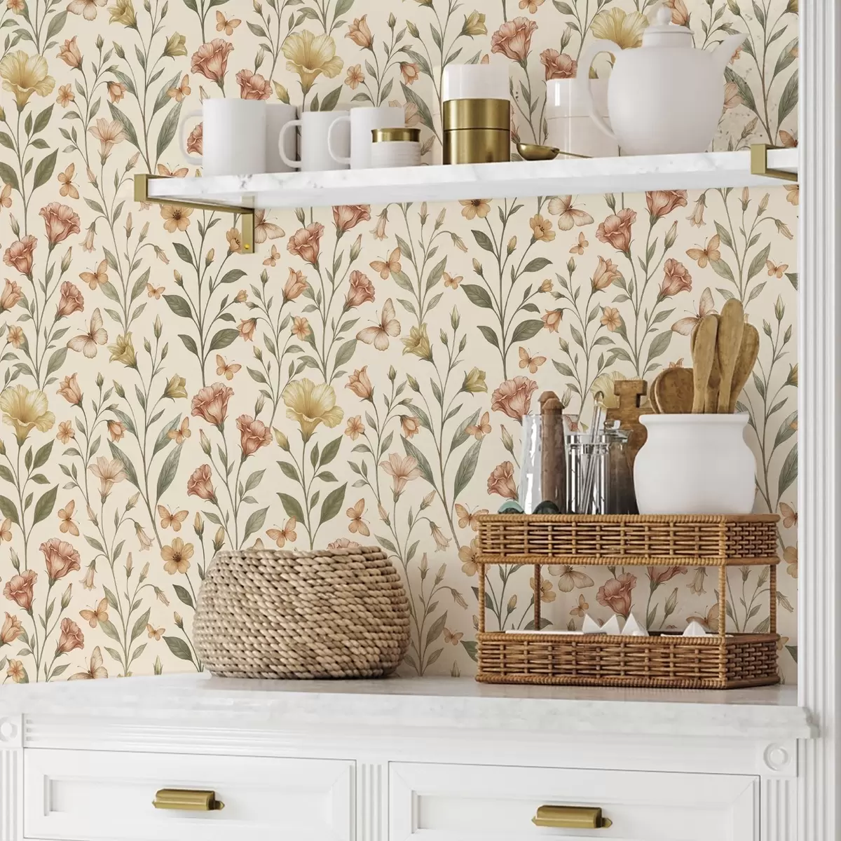 Wallpaper Flori delicate de piersic și fluturi pe un fundal crem cald a01026