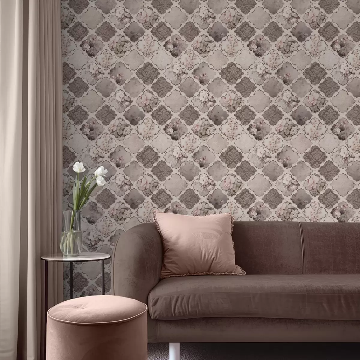 Wallpaper Patchwork romantic de medalioane florale în tonuri prăfuite a01027
