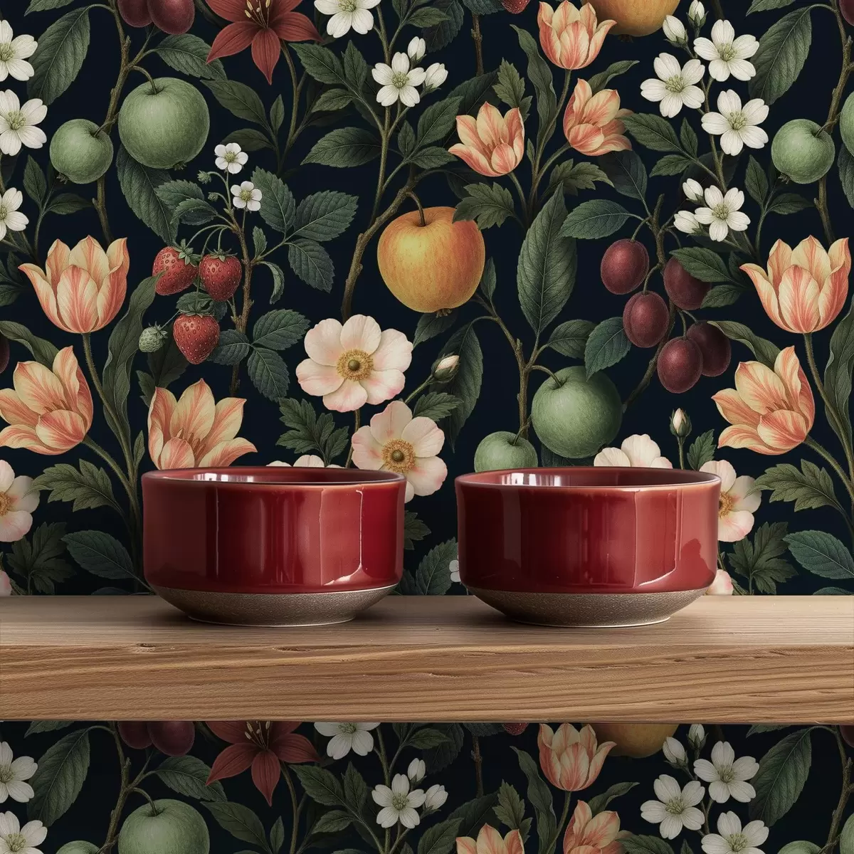 Wallpaper Grădină întunecată cu flori, mere coapte și fructe de pădure a01034