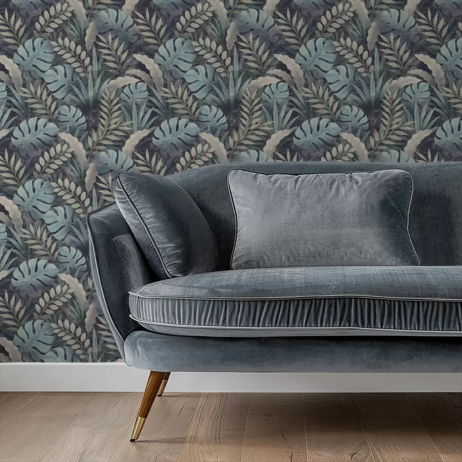 fototapet Frunziș tropical în nuanțe reci de albastru-verde a01035