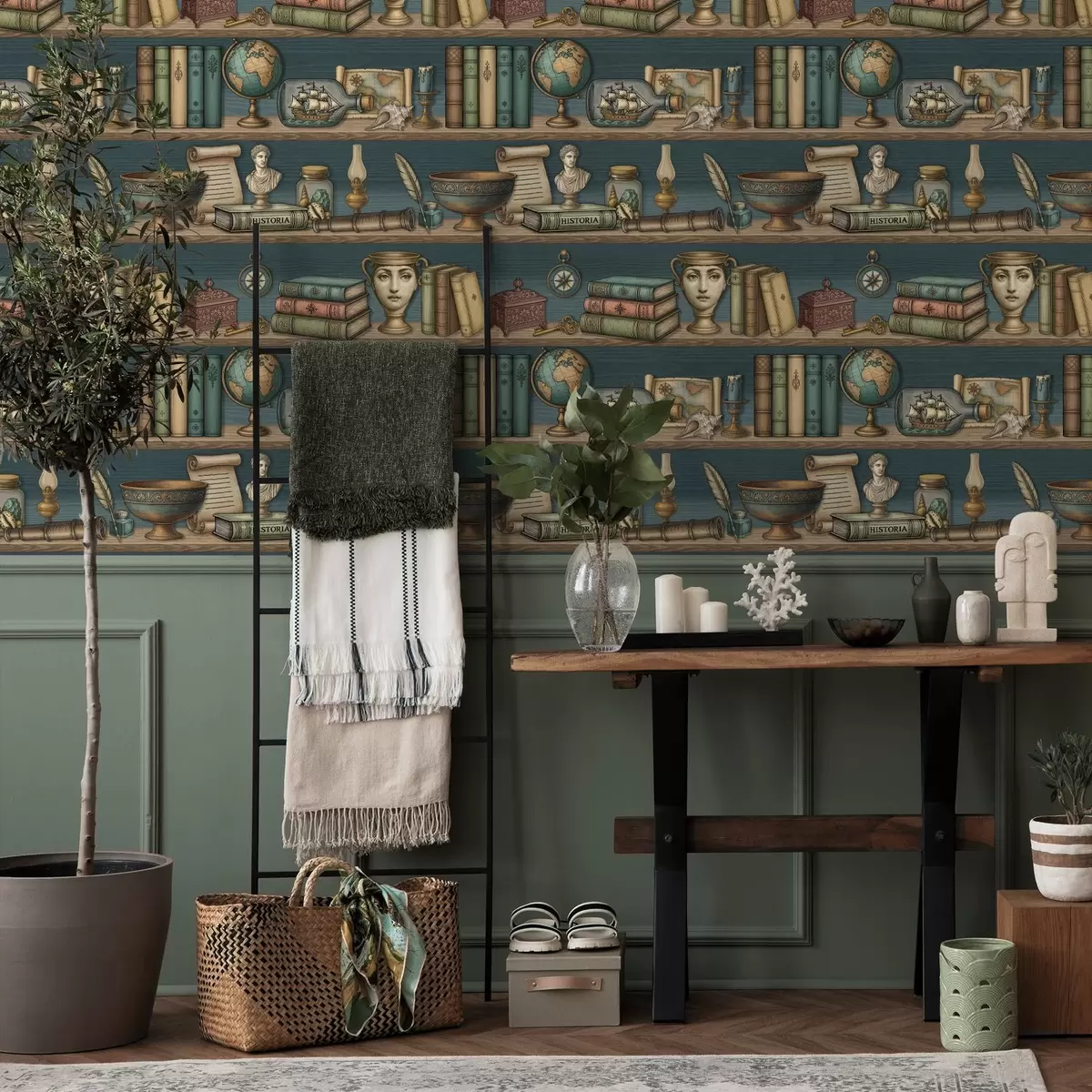 Wallpaper Rafturi vintage cu cărți, un glob pământesc și curiozități marine a01036