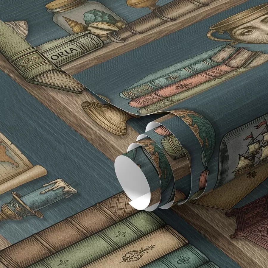 fototapet Rafturi vintage cu cărți, un glob pământesc și curiozități marine a01036