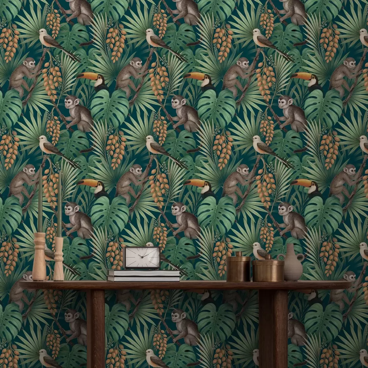 Wallpaper Maimuțe și păsări tropicale în vegetația densă a junglei a01037