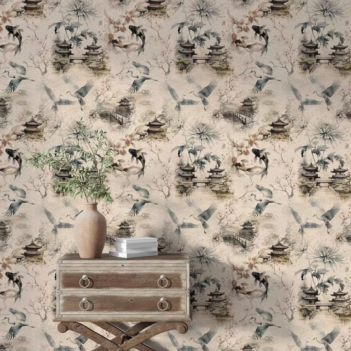 Wallpaper Temple japoneze, pești koi și cocori pe un fundal delicat a01040