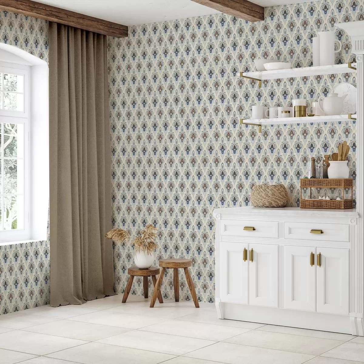 Wallpaper Model oriental din plăci mici într-o paletă de culori albastru-nisipiu a01044