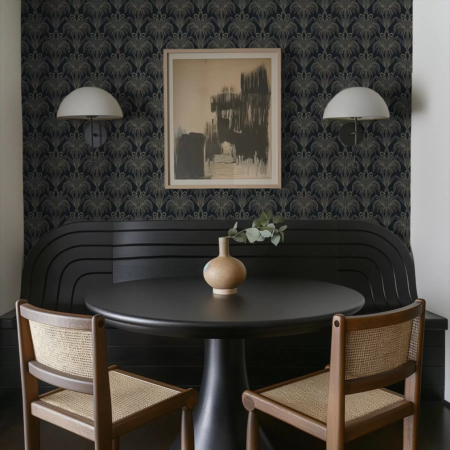 fototapet Ornament Art Deco în culori închise, cu plante stilizate a01065