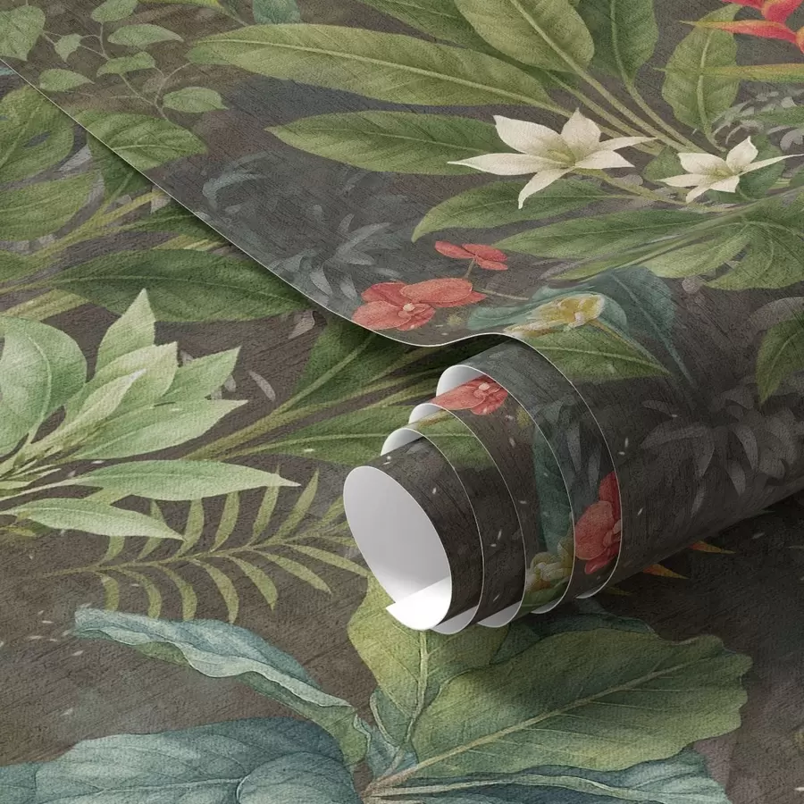 fototapet Grădină tropicală întunecată cu flori și frunziș viu colorate a01079