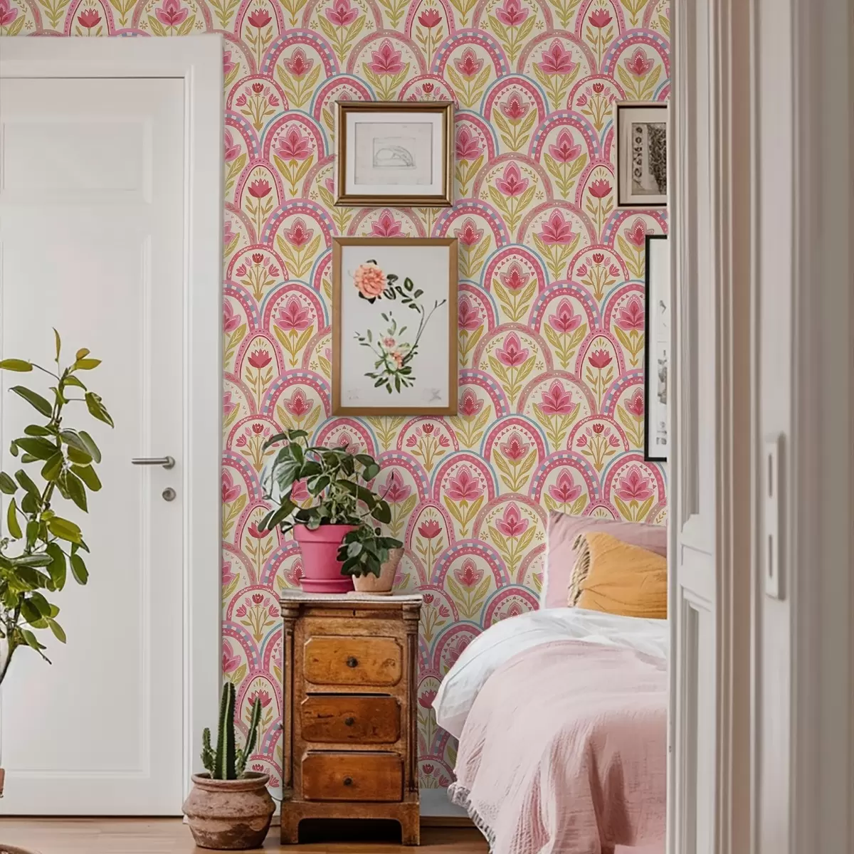 Wallpaper Arcuri cu flori roz într-un model în stil popular a01080