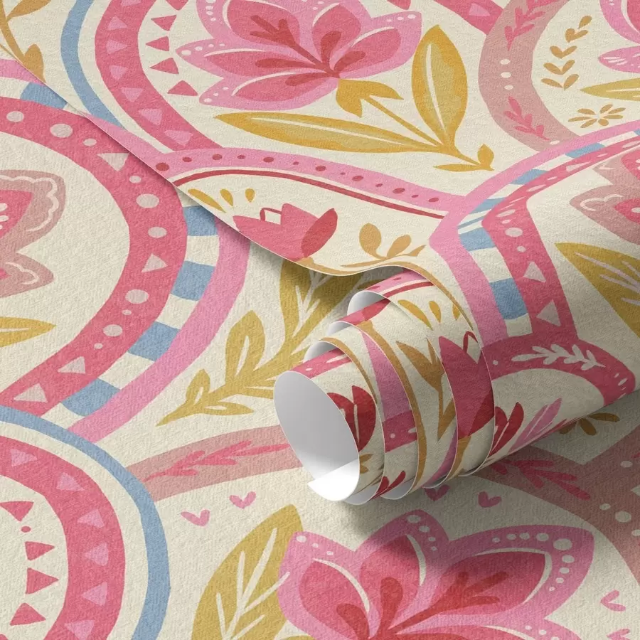 fototapet Arcuri cu flori roz într-un model în stil popular a01080