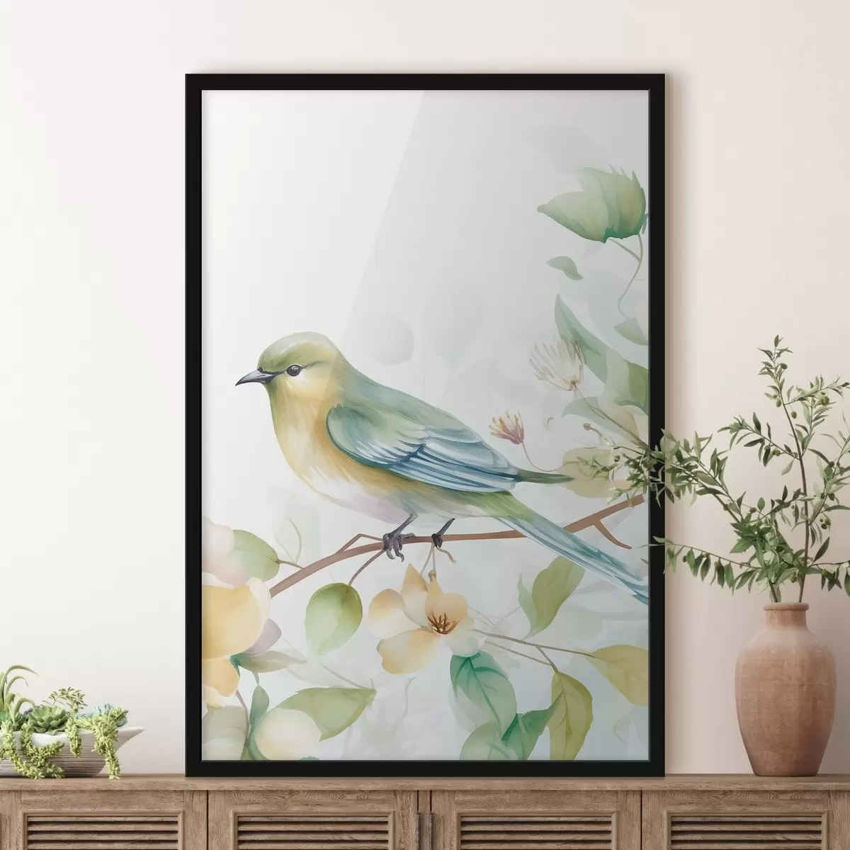 Poster Păsărică pe o ramură, imitație de acuarelă f46892