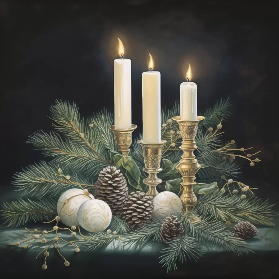 fototapet Aranjament de Anul Nou, brad și lumânări f46963