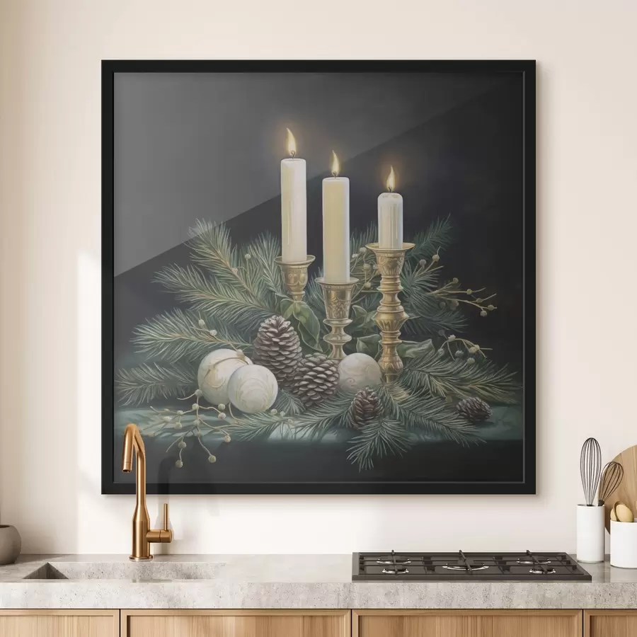 fototapet Aranjament de Anul Nou, brad și lumânări f46963