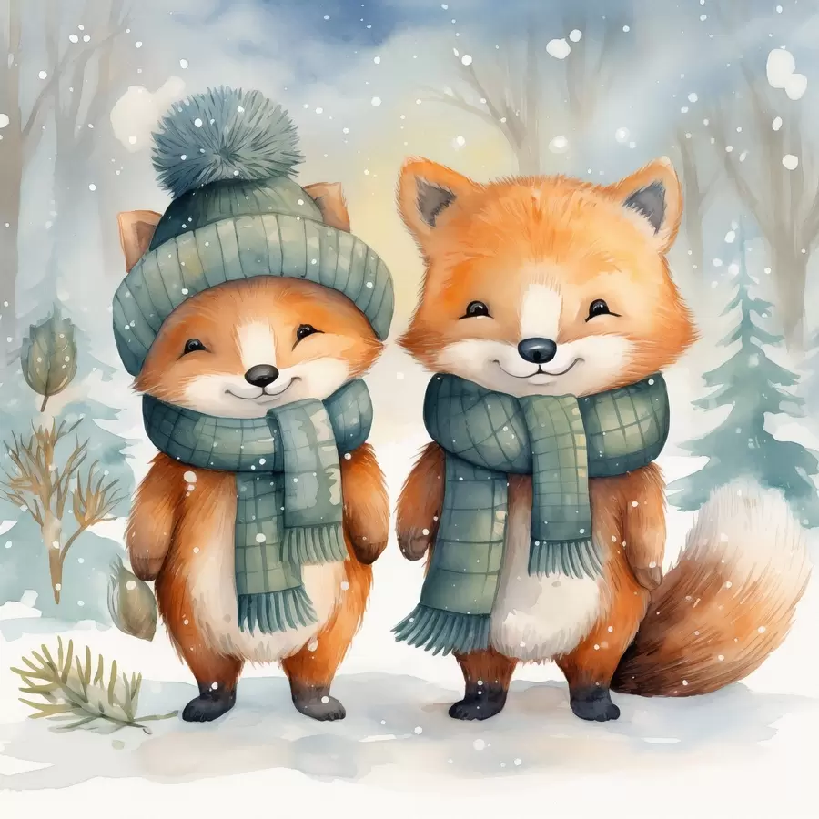 fototapet Două vulpi mici, imitație acuarelă f46969