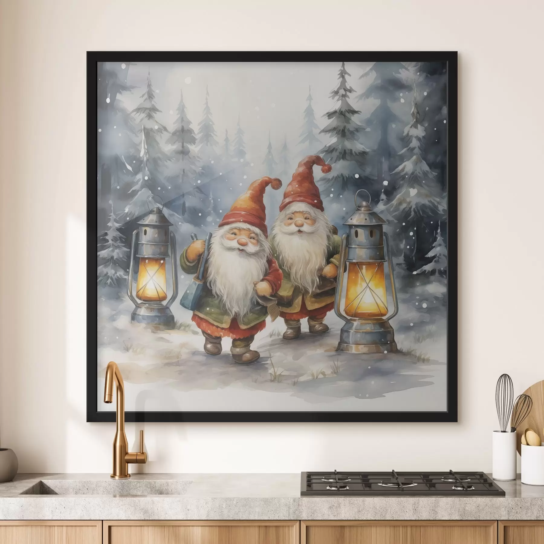 fototapet Gnomii de Anul Nou, imitație de acuarelă f46970