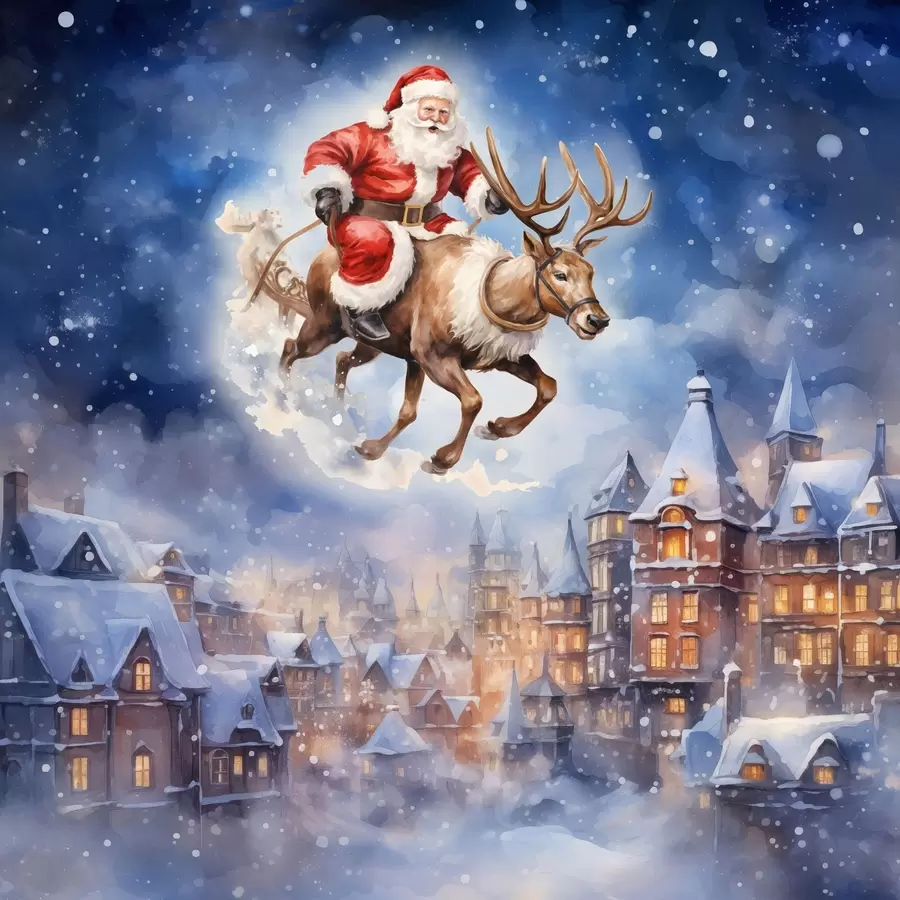 fototapet Anul Nou de basm, Moș Crăciun pe sanie f46972