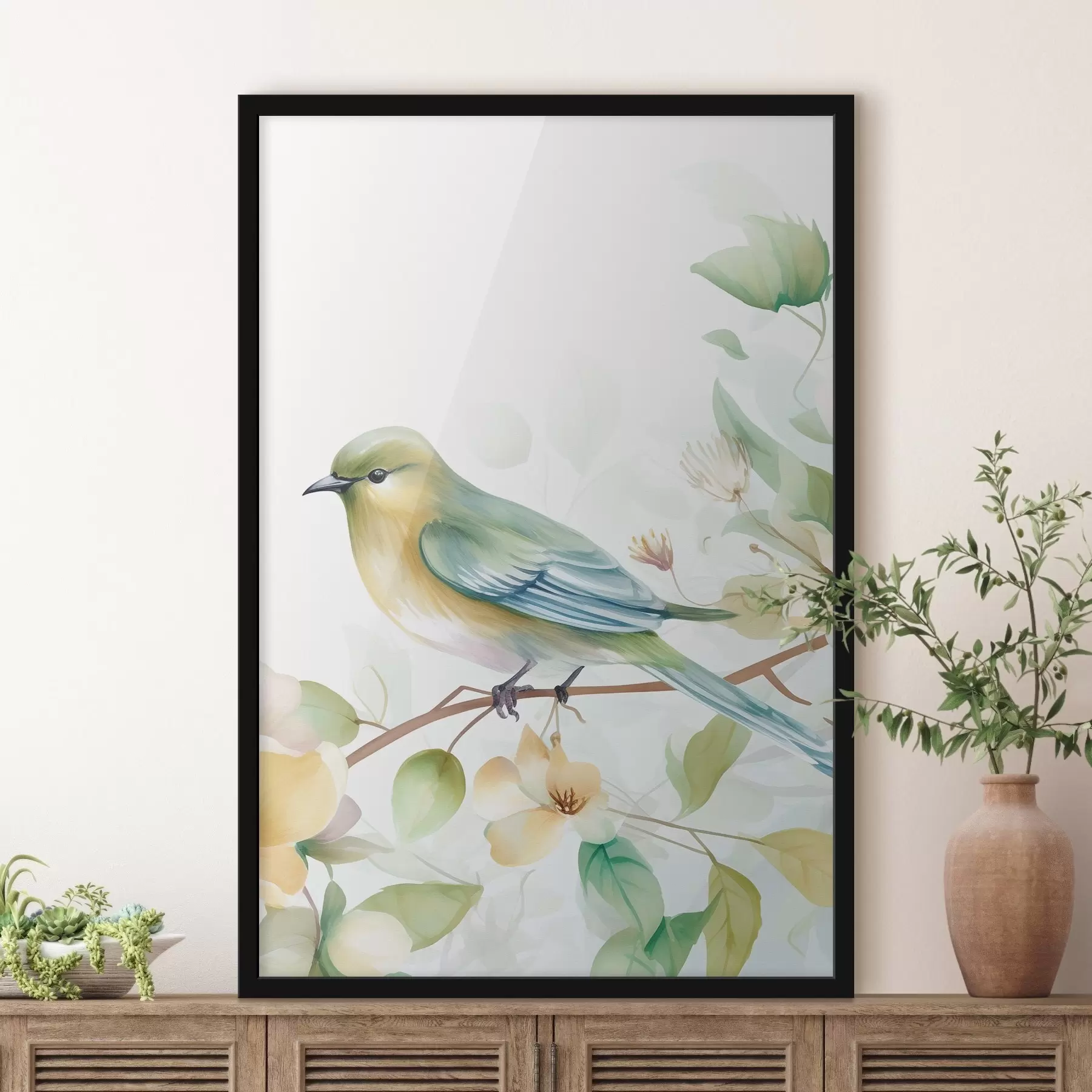 fototapet Păsărică pe o ramură, imitație de acuarelă f46892