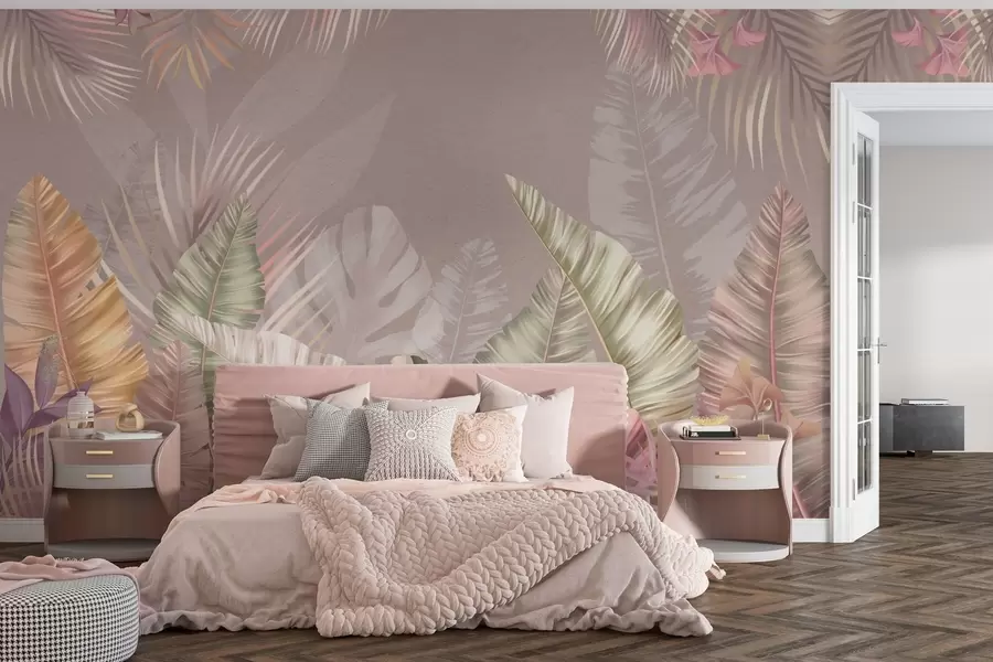 fototapet Frunze tropicale în nuanțe pastelate delicate w01684