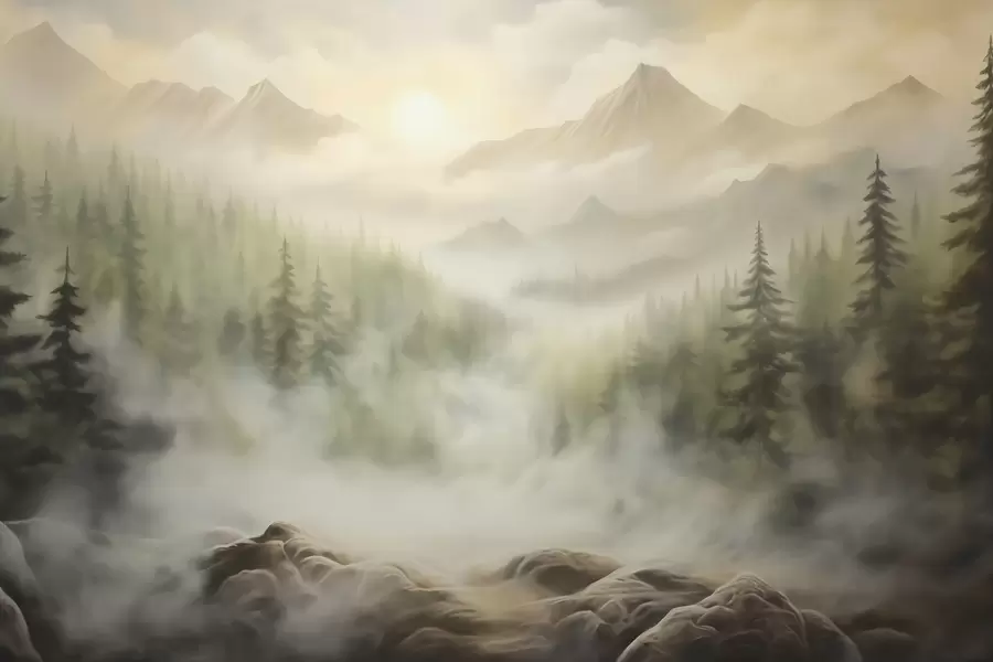 fototapet Pădure în ceață, pe fundalul munților w04730