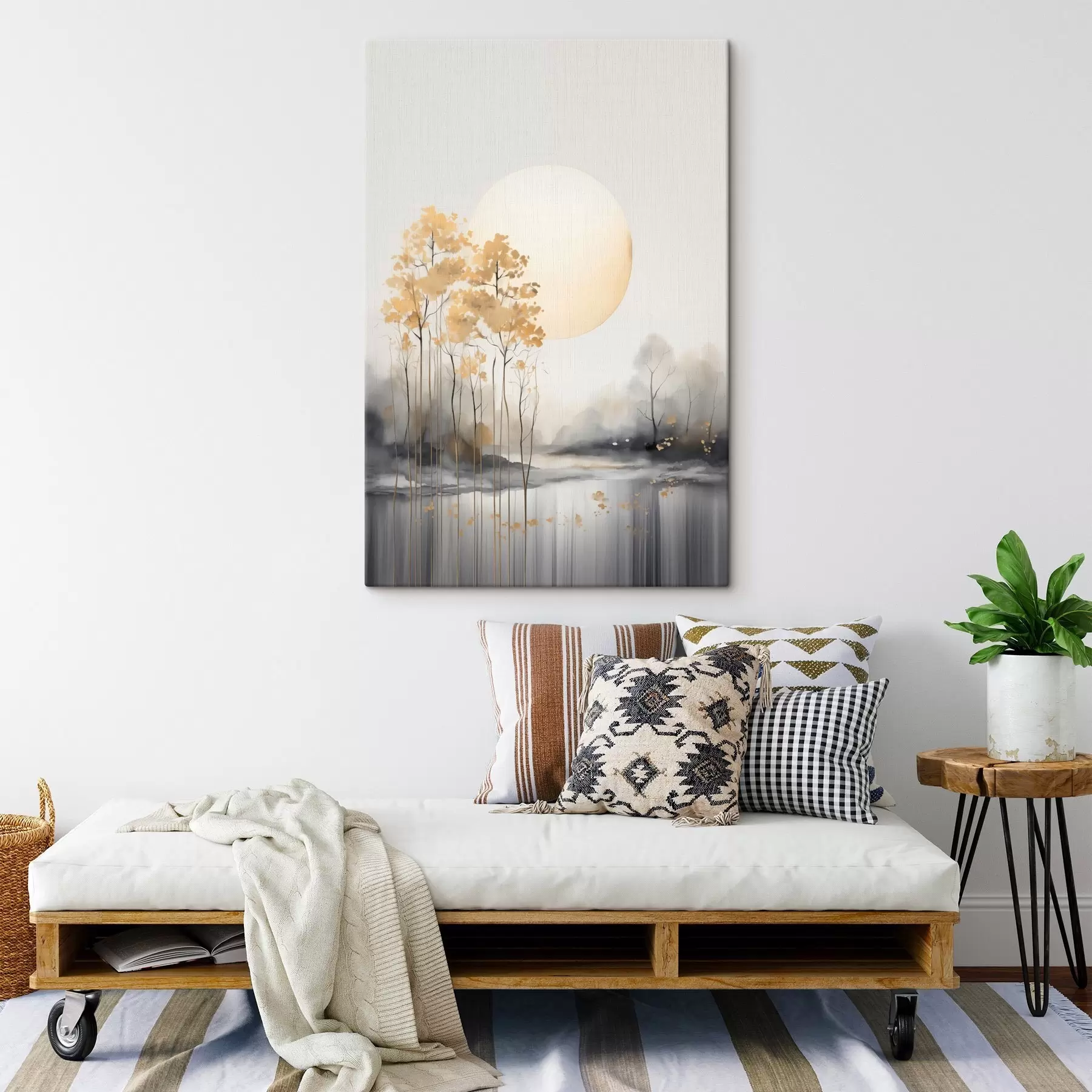 Tablouri Peisaj abstract decorativ, copaci înalți cu frunze galbene, un râu și ceață în fundal s47014