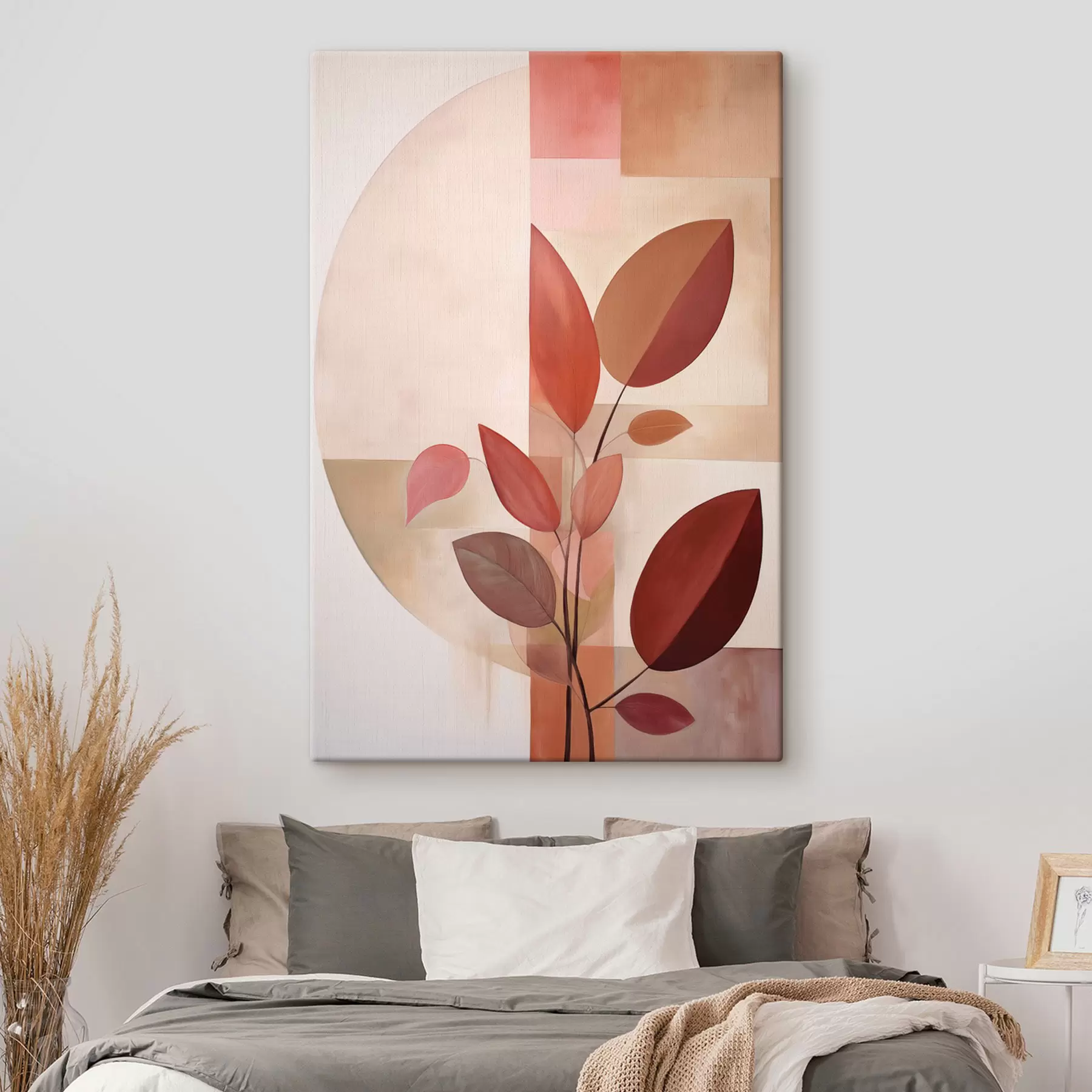 Tablouri Plantă abstractă cu frunze roșii pe un fundal de forme geometrice și culori delicate, discrete s47041