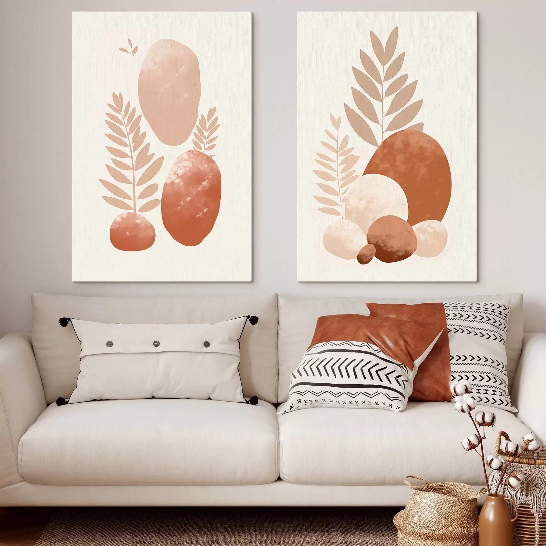 Tablouri Forme abstracte, pietre texturate și frunze în nuanțe discrete de piersică și teracotă, fundal minimalist, crem m01114