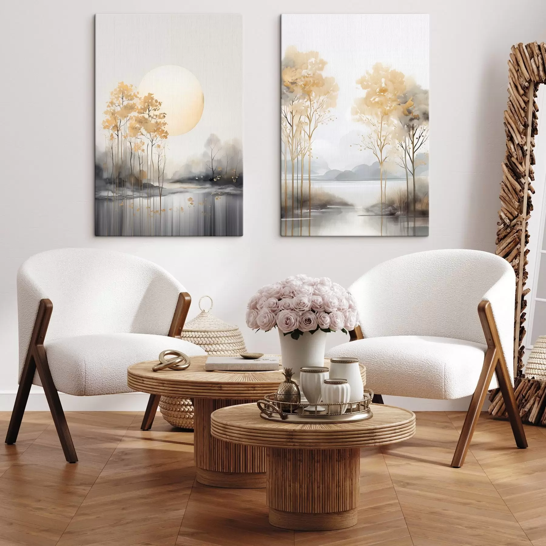 Tablouri Peisaj abstract decorativ, copaci înalți cu frunze galbene, un râu și ceață în fundal m01115