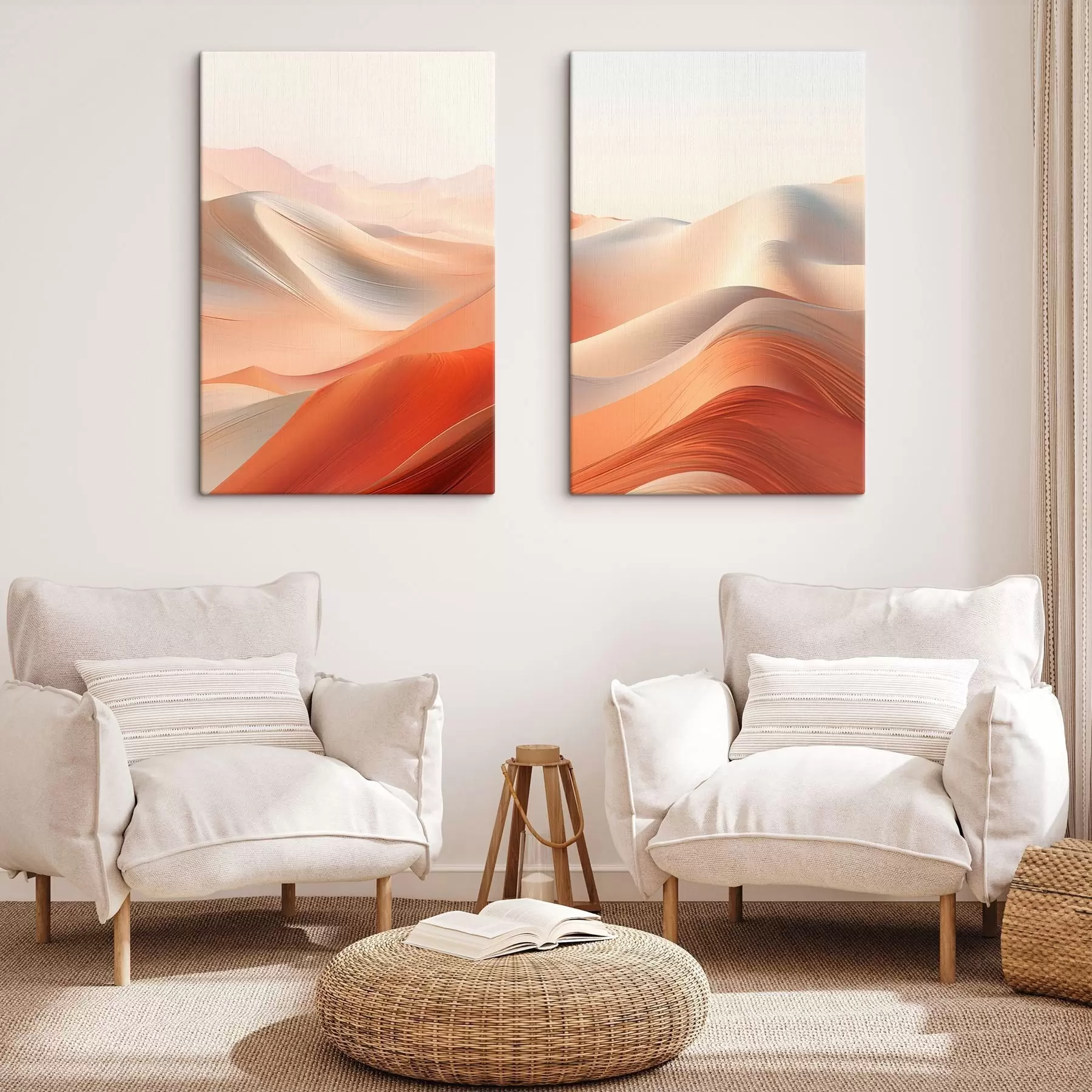 Tablouri Peisaj abstract de deșert cu dune de nisip în mișcare, în tonuri calde de portocaliu și alb m01123
