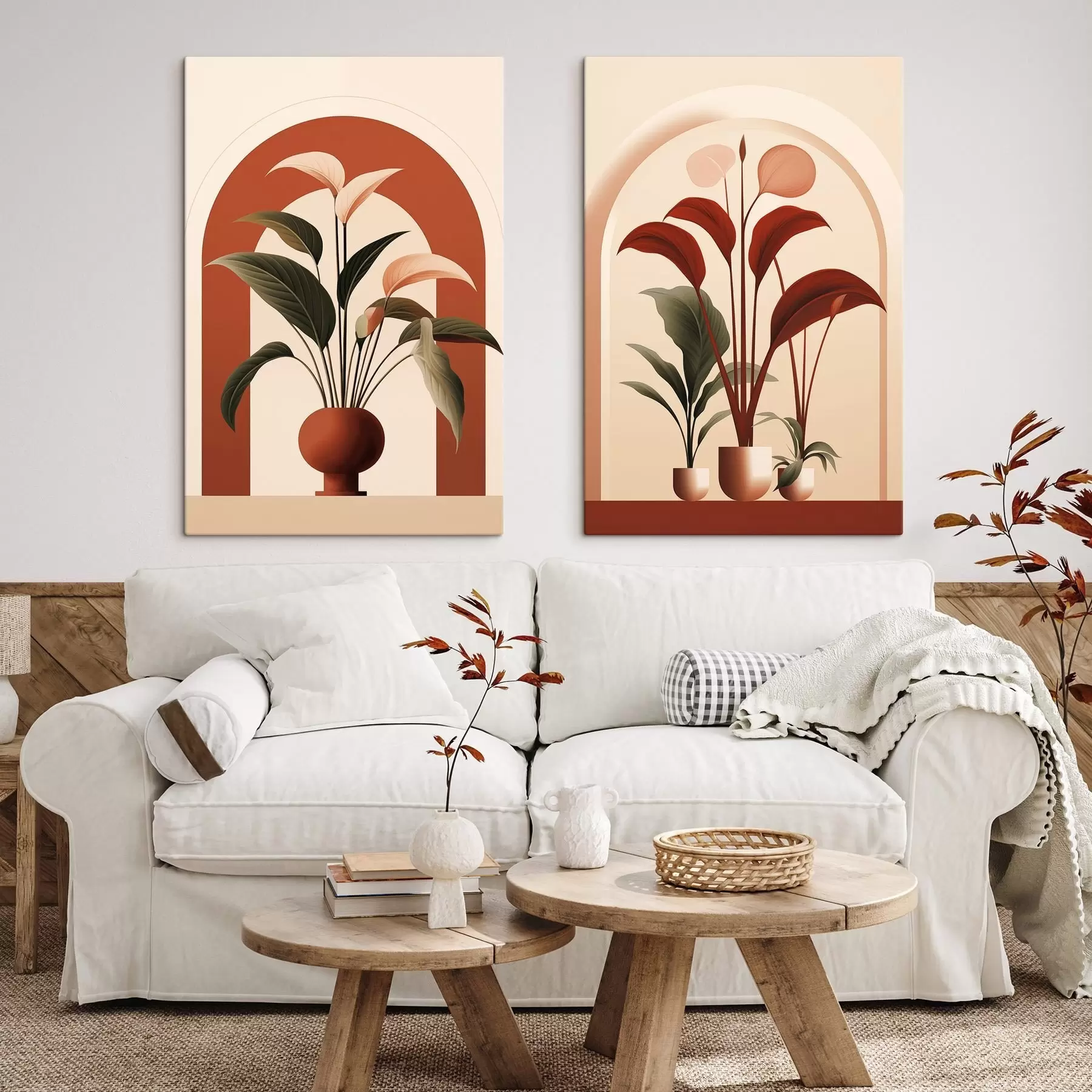 Tablouri Plante abstracte în ghivece, cu frunze mari verzi și roșii, în fața unei arcade de culoare crem m01124