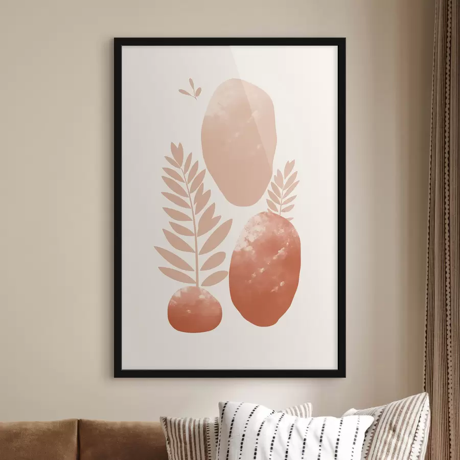 fototapet Forme abstracte, pietre texturate și frunze în nuanțe discrete de piersică și teracotă, fundal minimalist, crem f47012